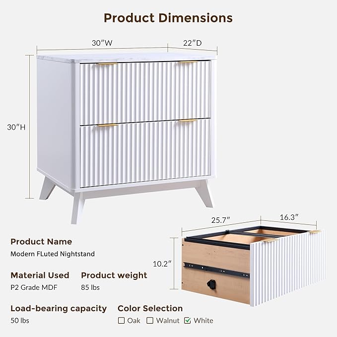 T4TREAM Fluted Night Stand Set 2, 30" Tall Bedside Table with 2 Drawers & Large Tabletop, Modern Wood Side Tables Bedroom, End Table for Living Room, White