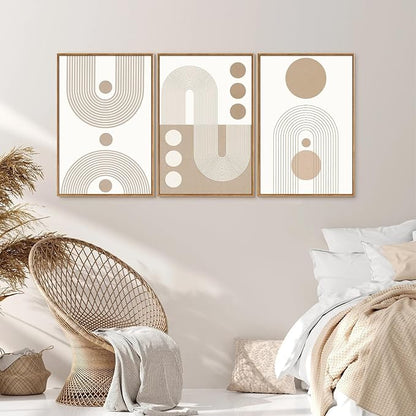 YeeHomedec Boho Beige Neutral Framed Canvas Wall Art, Mid Century Modern Wall Decor, Bohemian Abstract Minimalist Artwork, Geometric Line Circle Art Painting for Living Room Bedroom Office 16"x24"x3