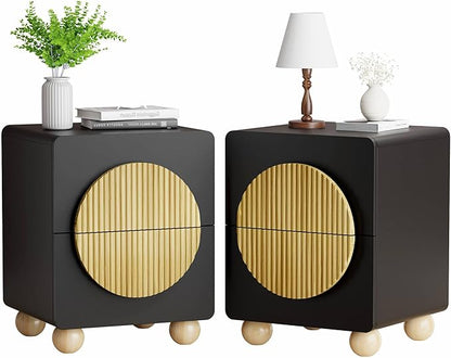 23" Black Nightstand with Solid Wood Legs Set of 2, Modern Style Fluted Bedside Table with Round Moon Handle & Storage, Mid Century Night Stand for Bedroom, Side Table, End Table