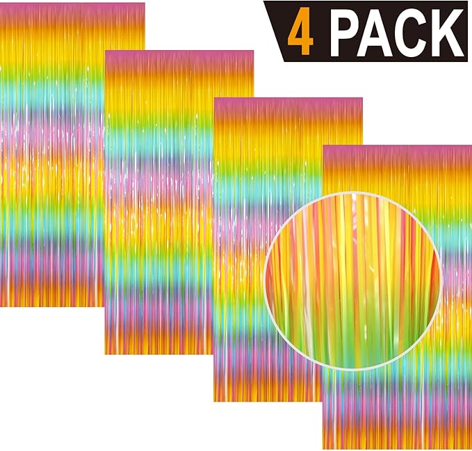 GOER 3.2 ft x 8.2 ft Metallic Tinsel Foil Fringe Curtains Party Photo Backdrop Party Streamers for Birthday,Graduation,New Year Eve Decorations Wedding Decor(4 Packs,Candy Macaroon Multicolor)