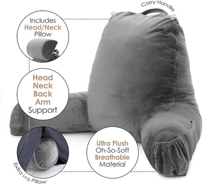 Nestl Reading Pillow with Shredded Memory Foam Includes 2 Neck and Lumber Support Pillows, Designed for Sitting Up in Bed and Couch, Back and Arms Adjustable Support for Adult & Teens, Dark Grey