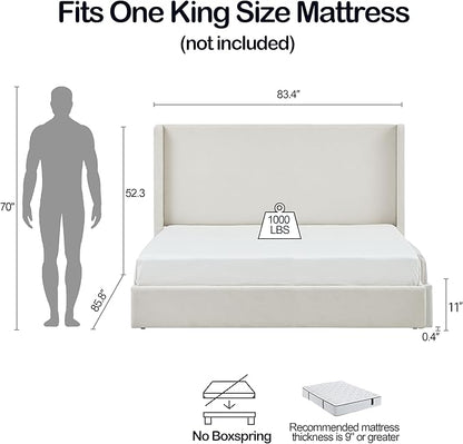 King Size Upholstered Bed Frame, 52.3" High Headboard Carmen Wingback Bed Frames, Tall Headboard Floor Platform Beds, No Box Spring Needed No Noise, Simplicity Minimalist, Beige Boucle
