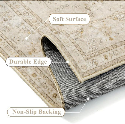 Brown 5x7 Area Rug Washable Vintage Carpet for Living Room Office Soft Retro Floral Low Pile Thin Indoor Rug Non Slip Central Medallion Floor Cover for Bedroom Dining Room