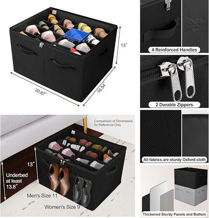 Shoe Organizer for Closet 2 Pack, Foldable Shoe Box with Adjustable Dividers and Clear Cover, Space Saving Shoe Storage Organizer Cabinet with Reinforced Handles, Fits 32 Pairs, Black TP12B