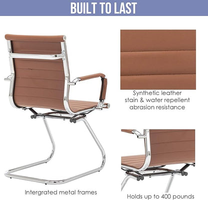 Wahson Office Guest Chairs Set of 8, Leather Reception Chairs, Mid Back Waiting Room Chair, Conference Chairs with Sled Base, Desk Chair No Wheels for Meeting/Lobby/Restroom, Coffee