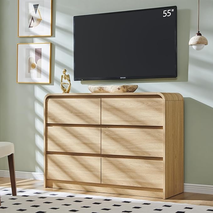 Modern 6 Drawers Dresser for Bedroom, 47" Wide Wood Dressers & Chests of Drawers w/Curved Profile Design, Mid Century Modern Dresser w/Natural Texture for Bedroom, Living Room, Natural Oak