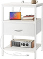 SUPERJARE Nightstand with Charging Station, White Night Stand with Adjustable Drawers, 17.7 Inches Wider Side Table for Bedroom, 3-Tier Storage End Table with Open Shelf, PU Leather Surface