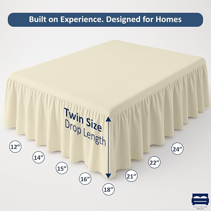 Ruffled Bed Skirt with Split Corners-Dust Ruffle - 16" Drop 100% Microfiber Soft,Sheen & Luxurious Look - Bed Skirts (Ivory -Twin)