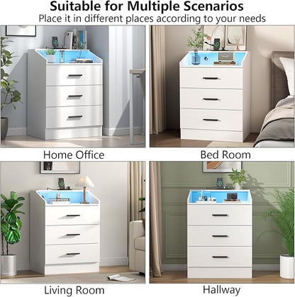 3 Drawers Dresser with Power Outlet, Chest of Drawers with LED Light, White Dresser Organizer with Open Storage Cubby, Modern Nightshatnd for Bedroom, Living Room, Entryway, Hallway