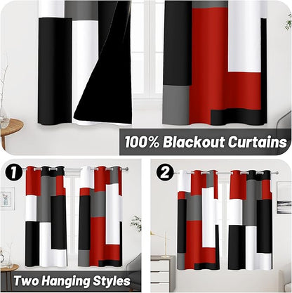 Red Black 100% Blackout Curtains 45 inch Length 2 Panels Set White Grey Modern Abstract Geometric Drapes for Kitchen Black Out Curtains Insulated Room Darkening Small Window Curtains, 42Wx45L