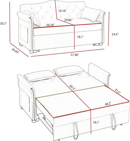 57'' Convertible Sleeper Sofa Bed with Adjustable Backrest, Chaise Lounge, 2 Pillows & Side Storage Pockets – Stylish & Functional Furniture for Living Room or Small Spaces (Black Sofa Bed)