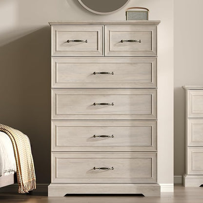 Farmhouse 6 Drawers Dresser for Bedroom, 49" Tall Modern Chest of Drawers with Deep Drawers & Bar Handles, Rustic Wood Dresser TV Stand, Wooden Closet Storage Organizer for Living Room, Hallway, Grey