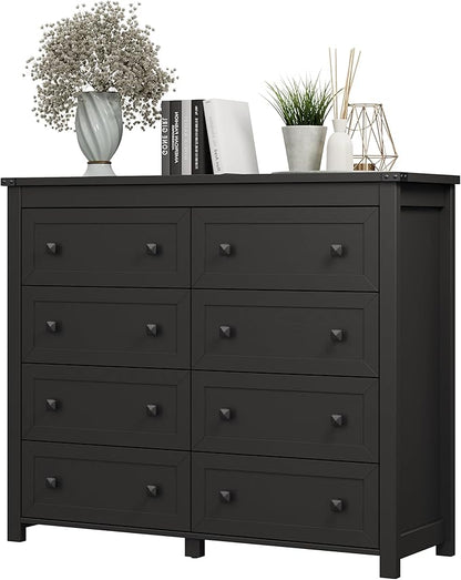 Dresser for Bedroom with 8 Drawers, Farmhouse Wood Chest of Drawers, Wide TV Stand Closet Storage Furniture with Metal Handle, Modern Clothes Organizer for Hallway, Living Room, Entryway, Black