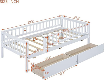 Bellemave Twin Bed Frames with Rails for Kids, Twin daybed Frame with Drawers for Boys/Girls/Adults，White