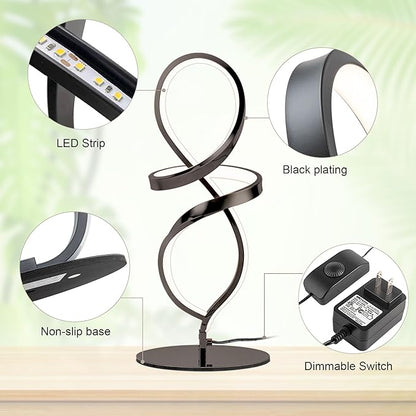 Mayful Modern Lamp with LED Spiral Design, Bedside Lamp with Stepless Dimming Switch, Contemporary Nightstand & Black Table Lamp for Bedroom, Living Room, Home Office, 12W 3200K Warm White,2 Pack