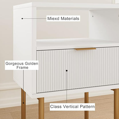 Masupu Nightstand,Mid-Century Modern Bedside Table with Storage Drawer and Open Wood Shelf,Small Gold Frame Side Table for Bedroom,Living Room,White
