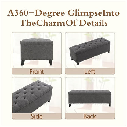 47.5” Storage Ottoman Bench, Upholstered Button-Tufted End of Bed Bench with Soft-Close Hinge & Solid Wood Legs, Foot Rest for Living Room, Bedroom, Hallway (Linen, Dark Grey)