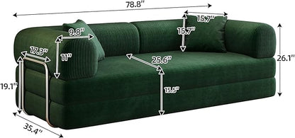 79" Convertible Sofa Bed, Corduroy Folding Pull Out Couch with Pillows, No Assembly Modern Boneless Couch Compression Sofa in Box, Floor Sofa with Support Rods for Living Room,Dark Green