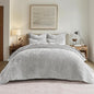 EVERGRACE Velvet Quilt Set Queen Size, Luxurious Soft Striped Channel Bedding Set, Lightweight Velvet Comforter for All Season, Oversized Bedspread Coverlet with 2 Matching Shams, Frost Gray