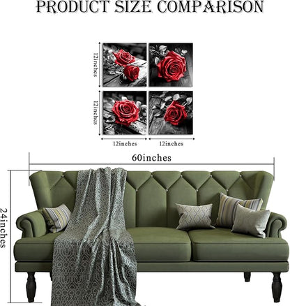 VANSEEING 4 Pieces Red and Black Rose Flower Canvas Wall Art Floral Pictures Prints Modern Romantic Artwork Wall Decor for Valentine's Day Living Room Bedroom 12x12inchx4Pcs