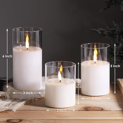 Eywamage Clear Glass Flameless Candles with Remote Timer, Flickering Battery LED Pillar Candles Set of 3