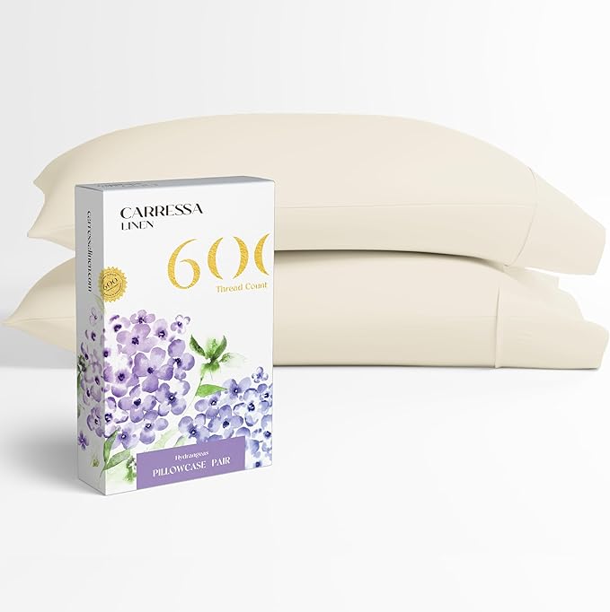 Carressa Linen 100% Egyptian Cotton Pillow Cases Queen Size Set of 2 - Luxury 600 Thread Count Ivory Standard/Queen Size Pillowcases, Silky Soft, Cooling Sateen Weave Hotel Quality Bed Pillow Cover