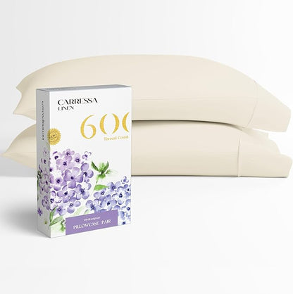 Carressa Linen 100% Egyptian Cotton Pillow Cases Queen Size Set of 2 - Luxury 600 Thread Count Ivory Standard/Queen Size Pillowcases, Silky Soft, Cooling Sateen Weave Hotel Quality Bed Pillow Cover