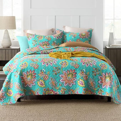 Cotton Bedspread Quilt Sets Reversible Bedding Coverlet Sets Comforter Paisley Floral Bedspread (Green Vintage Floral, Queen Size)