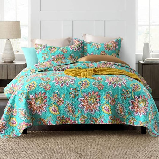 Cotton Bedspread Quilt Sets Reversible Bedding Coverlet Sets Comforter Paisley Floral Bedspread (Green Vintage Floral, Queen Size)