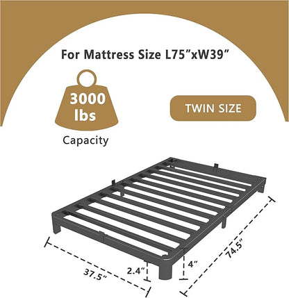ITIMIDI 4 Inch Twin Bed Frame, Easy Assembly, Platform Bed Frames with Metal Gaskets, Round Corner Leg, No Box Spring Needed, Heavy Duty Steel Slat Support, Anti-Slip Mattress Stopper, Black