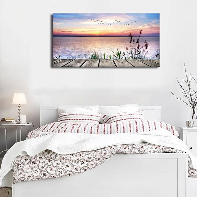 Canvas Wall Art Lake Dock Sunset Scenery Flying Birds Picture Large Beach Sunset Landscape Canvas Artwork Contemporary Nature Pictures for Living Room Bedroom Home Office Kitchen Wall Decor 24" x 48"