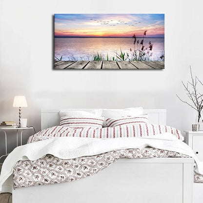 Canvas Wall Art Lake Dock Sunset Scenery Flying Birds Picture Large Beach Sunset Landscape Canvas Artwork Contemporary Nature Pictures for Living Room Bedroom Home Office Kitchen Wall Decor 24" x 48"