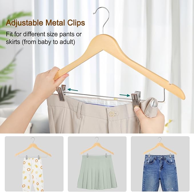 TOPIA HANGER Wooden Suit Hangers with Adjustable Metal Clips (20 Pack), Solid Smooth Wood Clothes Hangers, 360° Swivel Hook, Premium Pants Hangers for Clothes Coat, Jeans, Blouse-Natural, CT28N20