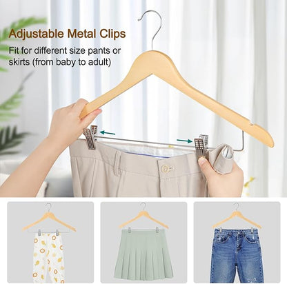 TOPIA HANGER Wooden Suit Hangers with Adjustable Metal Clips (20 Pack), Solid Smooth Wood Clothes Hangers, 360° Swivel Hook, Premium Pants Hangers for Clothes Coat, Jeans, Blouse-Natural, CT28N20