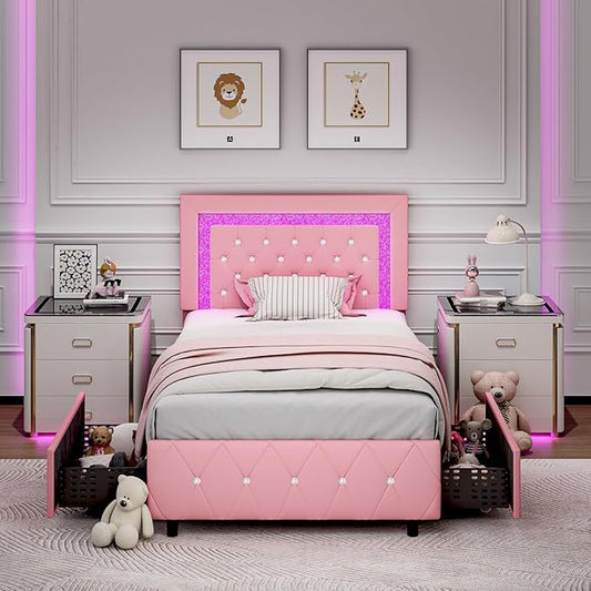 BarnFurin Twin Bed Frame with LED Lights and Storage Drawers, Upholstered Platform Bed with Diamond Headboard, Faux Leather Princess Platform Bed, No Box Spring Needed, Easy Assembly, Pink