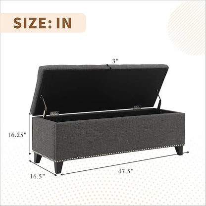 47.5” Storage Ottoman Bench, Upholstered Button-Tufted End of Bed Bench with Soft-Close Hinge & Solid Wood Legs, Foot Rest for Living Room, Bedroom, Hallway (Linen, Dark Grey)