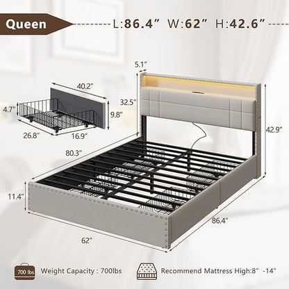 Forestell Queen Bed Frame with Headboard, Upholstered Platform Bed with 4 Storage Drawers, Built-in LED Lights & Charging Station, Metal Slats Support, No Box Spring Needed, Beige, Cama Queen Size