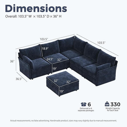 ABCASA 103.5" Oversized Modular Sectional Sofa, L Shaped Convertible Couch with Movable Ottoman, Large 6 Seat Corner Couches for Living Room Deep Seat- Blue Chenille