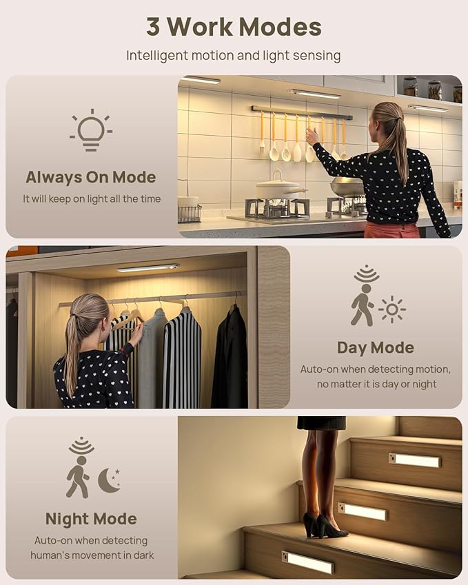 Under Cabinet Lighting with Remote Control,2500mAh USB Rechargeable Motion Sensor Light Indoor,350 Lumen LED Closet Light,3 Color Temps Wireless Under Counter Lights for Kitchen,Cabinet,Bedroom,8 Pack