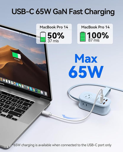 ORICO 65W GaN Travel Power Strip with 7-in-1 Charging Ports (3 AC Outlets/2 USB-A/2 USB-C), Flat Plug and 4FT Extension Cord, Fast Charger for MacBook Pro/Air, iPad Pro, iPhone 17/16/15- AP3