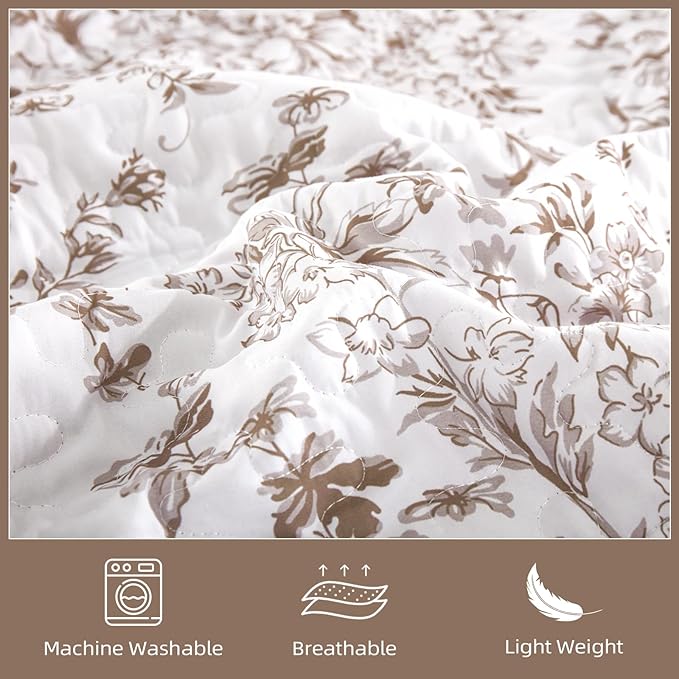 WONGS BEDDING California King Quilt Sets, Brown Quilt Bedding Set with 2 Pillowcases, Botanical Quilt for Cal King Bed, Soft Microfiber Lightweight Coverlet Bedspread for All Season (112"×96")