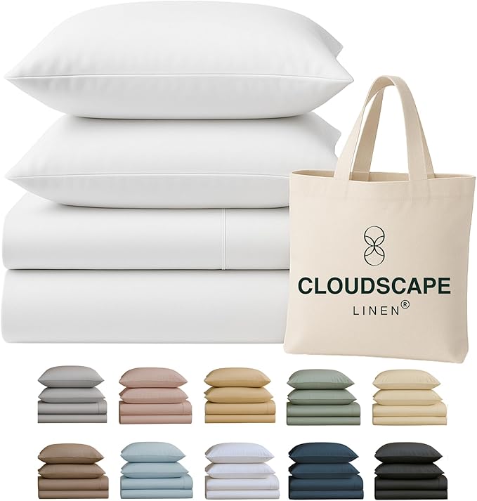 Cloud Scape Linen 100% Egyptian Cotton Sheets for Queen Size Bed, 400 Thread Count, 4 Pieces Bedding Set, Hotel Quality, Silky Soft, Deep Pockets up to 17”, White