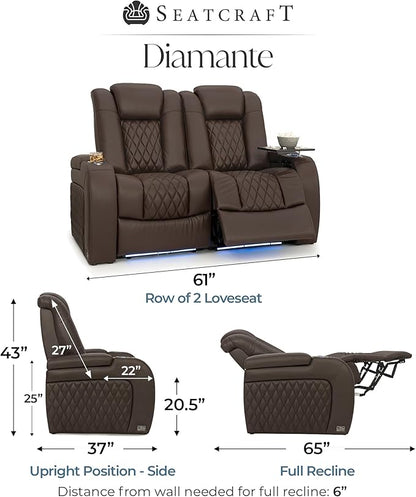 Seatcraft Diamante Zero-Gravity CoolZero Italian Leather Home Theater Seating, Power Headrest, Power Recline, Row of 2 Loveseat, Brown