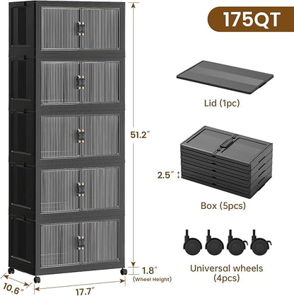 SAILUN 44Gal/175Qt Stackable Storage Bins Folding Collapsible Storage Bins with Lid, Closet Organizers and Storage Box with Door Black 18" W x 11" D x 51" H
