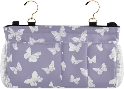 Bedside Caddy Hanging Bunk Bed Caddy Bed Organizer Hanging Pocket with 2 Hooks Bedside Storage Organizer Pocket Bag Holder White Butterfly Purple