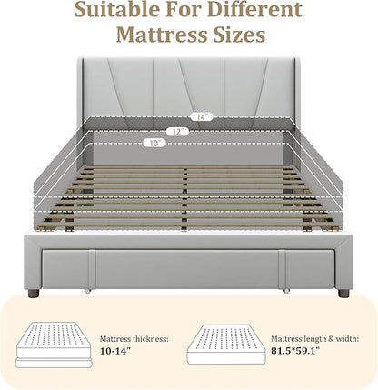 Queen Bed Frame with Storage Drawers, Upholstered Queen Size Platform Bed with 47" Tall Headboard and Wingboard, No Box Spring Needed, Noise Free, Easy Assembly, Wooden Support Slats, Light Grey