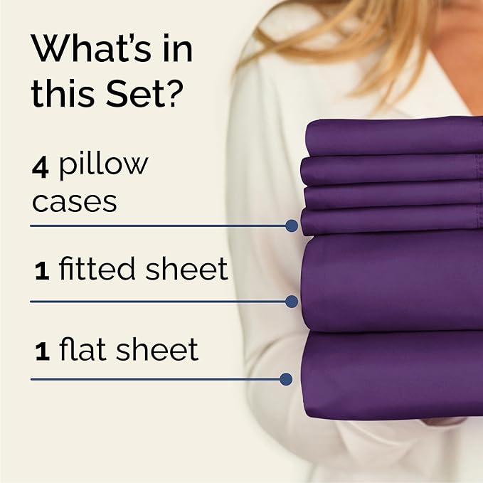 Cal King 6 Piece Sheet Set - Cooling, Comfy & Breathable - Hotel Luxury Bedding, Includes Fitted Sheet for Women, Men, Kids & Teens - 1 Flat, 1 Fitted Sheet, 4 Pillowcases with Deep Pockets - Purple