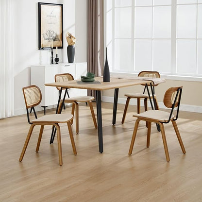 HEAH-YO Modern Dining Chairs Set of 6, Upholstered Faux Leather Dining Room Chairs with Rattan Backrest and Wood Legs, Armless Kitchen Chairs for Dining Room, Beige