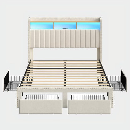 Queen Size Bed Frame with LED Light and Charging Station, Upholstered Bed Frame with 4 Drawers and 2-Tier Storage Headboard, Noise Free, Easy Assembly, Wooden Slats Support, No Box Spring Needed,White