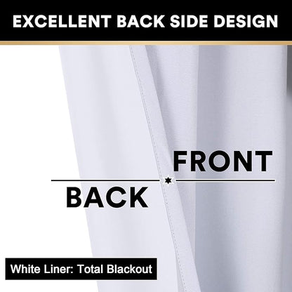 PrinceDeco Linen Texture Curtains for Bedroom Solid 100% Blackout Thermal Insulated with White Liner Room Darkening Curtains/Draperies for Living Room Nursery, Pearl White, 2 Pieces, W52 x L84